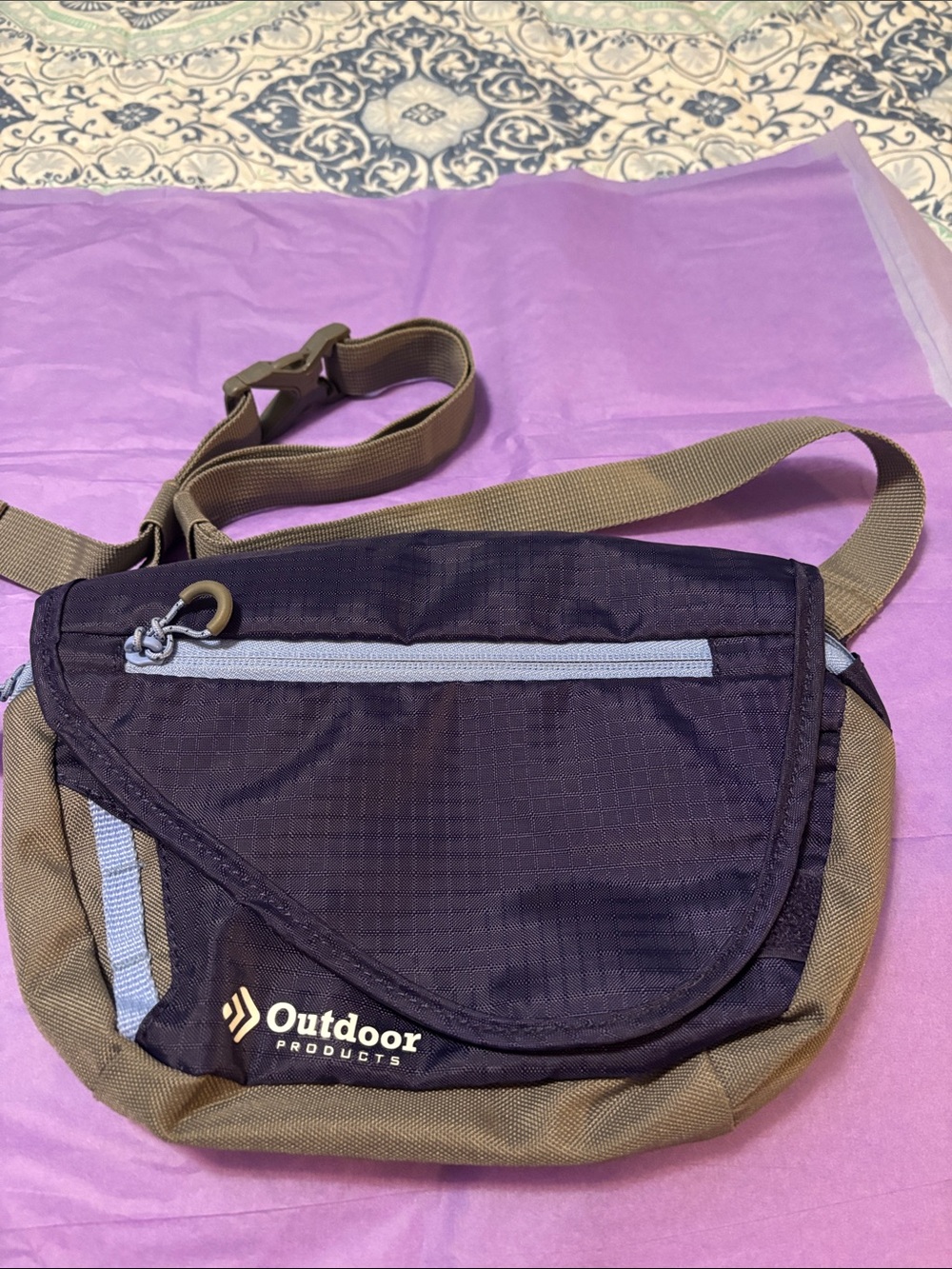 Womenโs Purple and Brown Sling Belt Bag